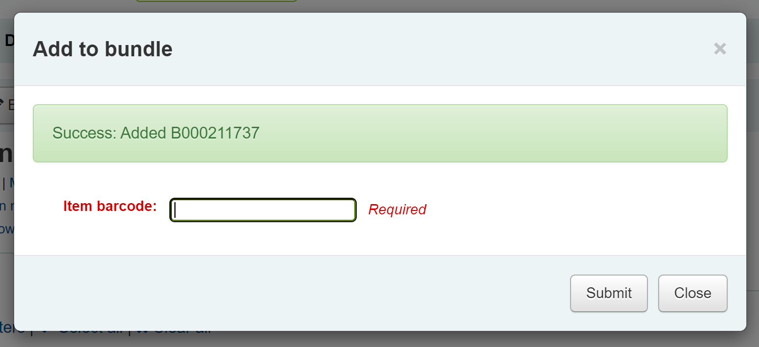 Pop-up 'Ajouter au lot', avec un champ de saisie de code à barres; sous le champ il y a le message 'Succès : ajouté' suivi d'un code à barres