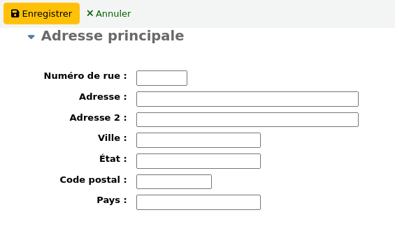 Zone Adresse principale du formulaire d'ajout d'un nouvel adhérent