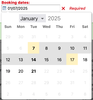Widget calendrier des dates d'une réservation programmée, avec une date de départ sélectionnée au 7 Janvier et la souris glissant jusqu'au 17 Janvier. Les 7 et 17 Janvier sont surlignées en jaune; l'intervalle entre ces dates est surligné en gris. Les 7, 14 et 21 Janvier sont en gras. Les dates précédant le 7 et suivant le 21 sont grisées.