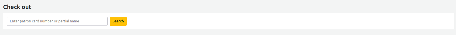 Check out box in the circulation module. The text input asks for 'Enter patron card number or partial name'.