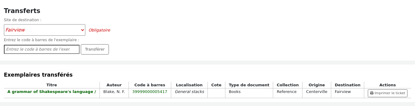Form to transfer an item to another library, followed by a table containing items that have been transferred