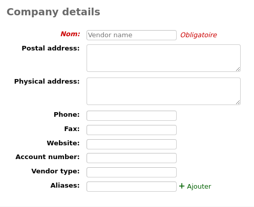Informations sur le fournisseur dans le formulaire Nouveau fournisseur