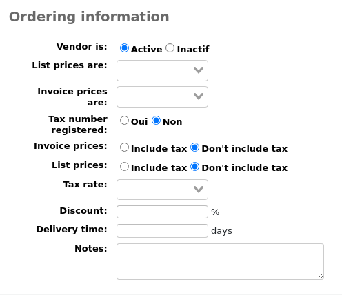 Rubrique Information de commande du formulaire Nouveau fournisseur