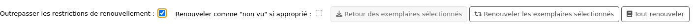 Bottom of the circulation summary table, there are two checkboxes 'Override renewal restrictions' and 'Renew as unseen if appropriate', followed by three buttons 'Check in selected items', 'Renew selected items', and 'Renew all'. The checkbox 'Override renewal restrictions' is checked.