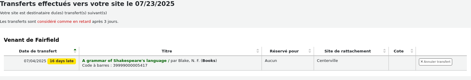 Table of Transfers made to your library as of the day's date. Shows a list of items that are in transit. Transfers sent more than 3 days ago are in red with the mention "Transfer is X days late".