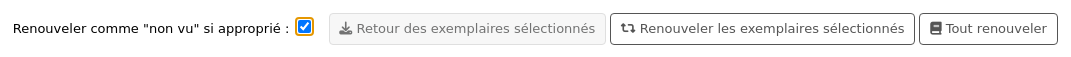 Bottom of the circulation summary table, there are two checkboxes 'Override renewal restrictions' and 'Renew as unseen if appropriate', followed by three buttons 'Check in selected items', 'Renew selected items', and 'Renew all'. The checkbox 'Renew as unseen if appropriate' is checked.