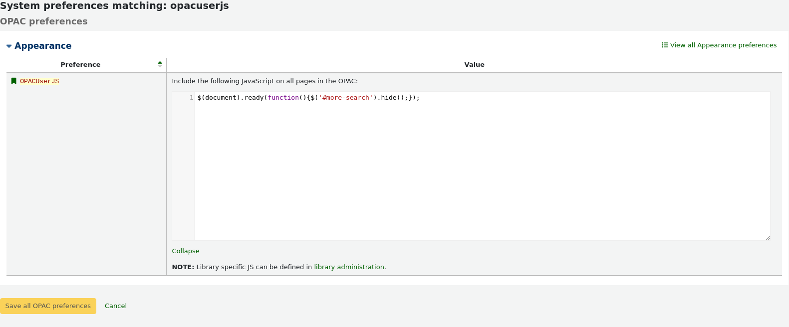 Example of using javascript in the OPACUserJS system preference to add a link to a custom page under the search bar in the OPAC