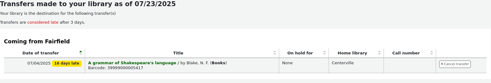 Table of Transfers made to your library as of the day's date. Shows a list of items that are in transit. Transfers sent more than 3 days ago are in red with the mention "Transfer is X days late".