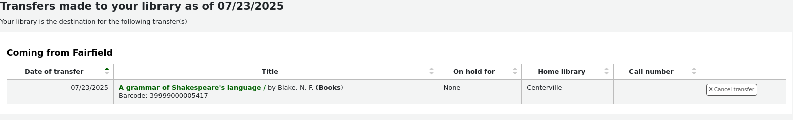 Table of Transfers made to your library as of the day's date. Shows a list of items that are in transit.
