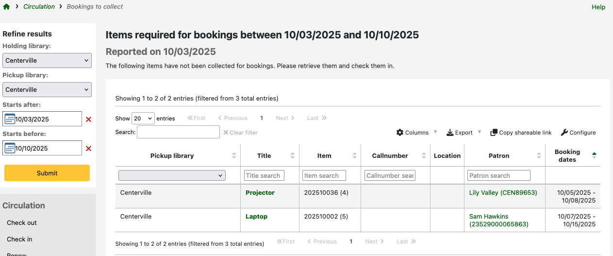A list of bookings, with columns for Pickup library, Title, Item, Callnumber, Patron and Booking dates. Above the table is the text: 'Items required for bookings between 10/03/2025 and 10/10/2025. Reported on 10/03/2025. The following items have not been collected for bookings.'