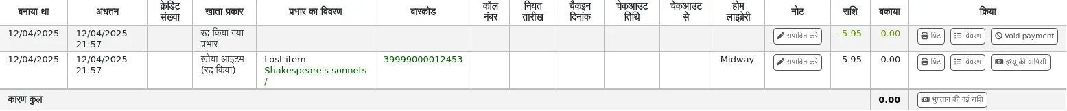 संरक्षक के खाते में दो लाइनें। पहला एक 'रद्द चार्ज' के लिए है, राशि -5 है। दूसरा एक 'मैनुअल शुल्क (रद्द)' के लिए है, राशि 5 है और बकाया राशि 0 है।