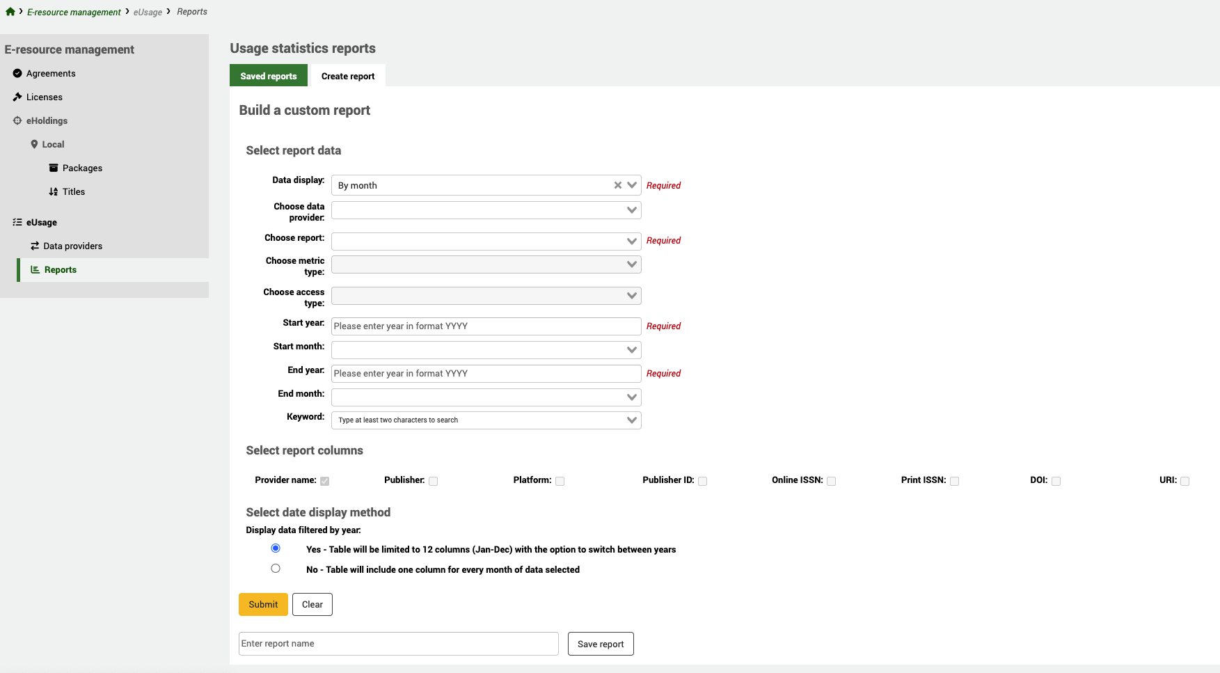 Usage statistics reports open on the Create report tab. There are multiple parameters available: data display ('by month' is selected), data provider, report, metric type, access type, start year, start month, end year, end month, keyword, report columns, date display method.