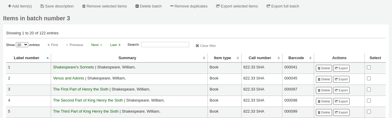 Table showing items in a label batch