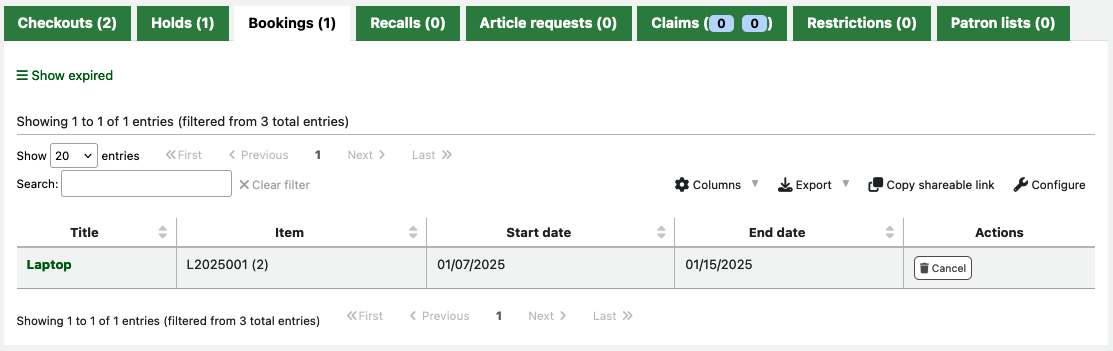 Table of patron's current bookings, showing the title, item, start and end date.