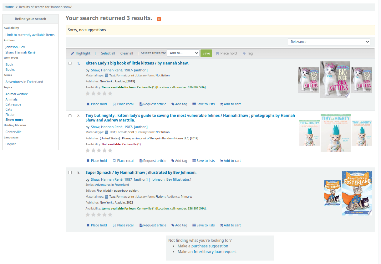 Search results list in the OPAC, facets are on the left. At the top of the page it says 'Your search returned 7 results.' followed by an RSS icon. At the top of the results list, there are buttons: Highlight, Select all, Clear all, Select title to Add to cart or Add to list, Place hold, and Tag