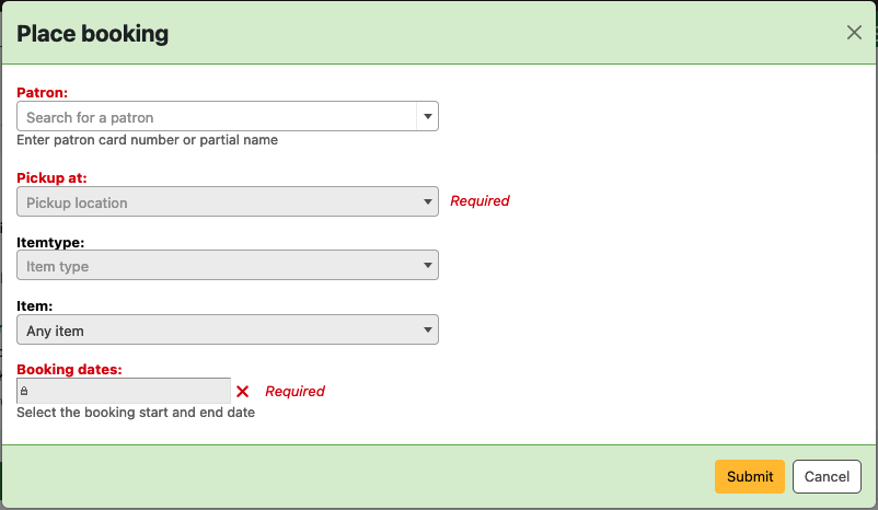 Place booking modal, with input fields labelled: Patron, Pickup at, Itemtype, Item, Booking dates.