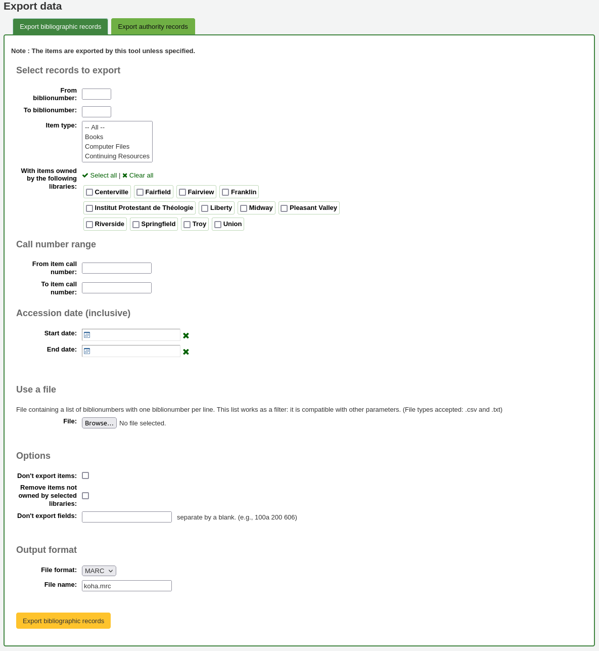 Form to export bibliographic records