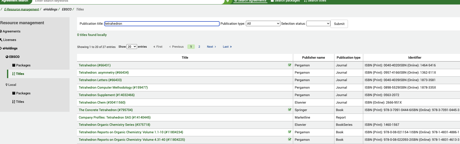 EBSCO Titles page, showing 'tetrahedron' in the Publication title field of the search box and a list of results underneath.