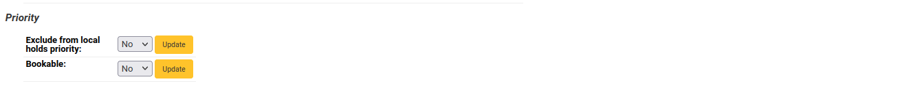 Priority section of the item details page, showing if the item is excluded from local holds priority and if it is bookable.