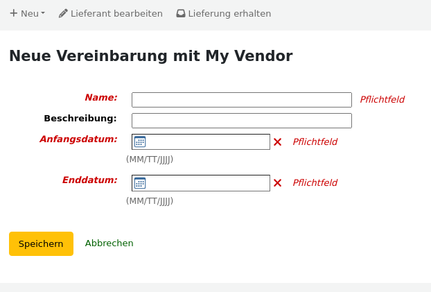 Formular für einen neuen Vertrag