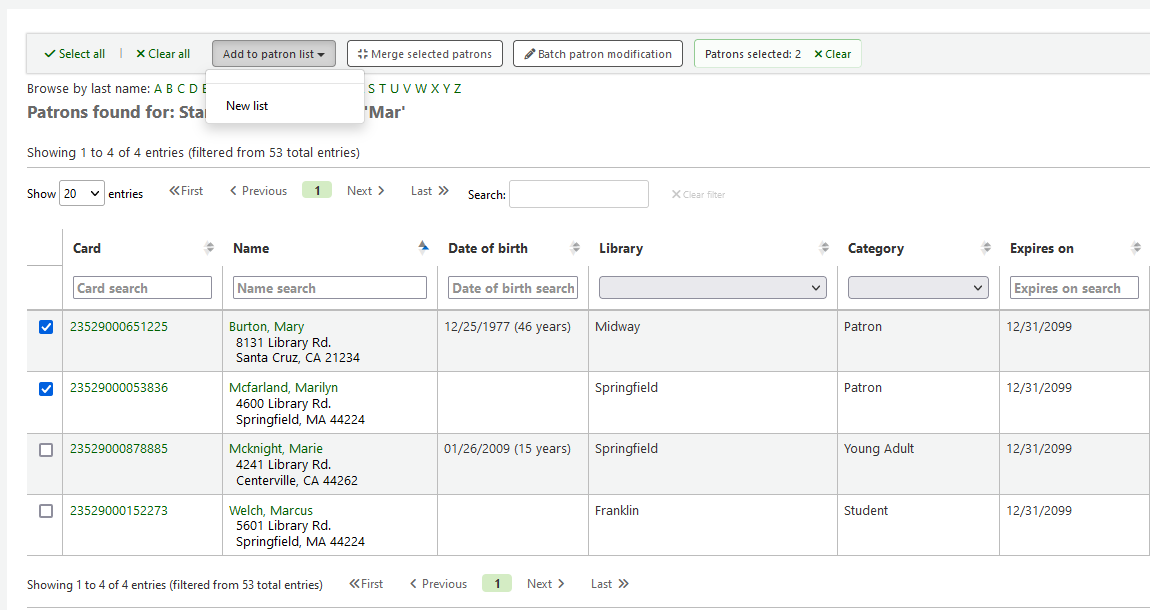 Patron search results table with the first two results selected and the dropdown menu "Add to patron list" showing the option to create a new list