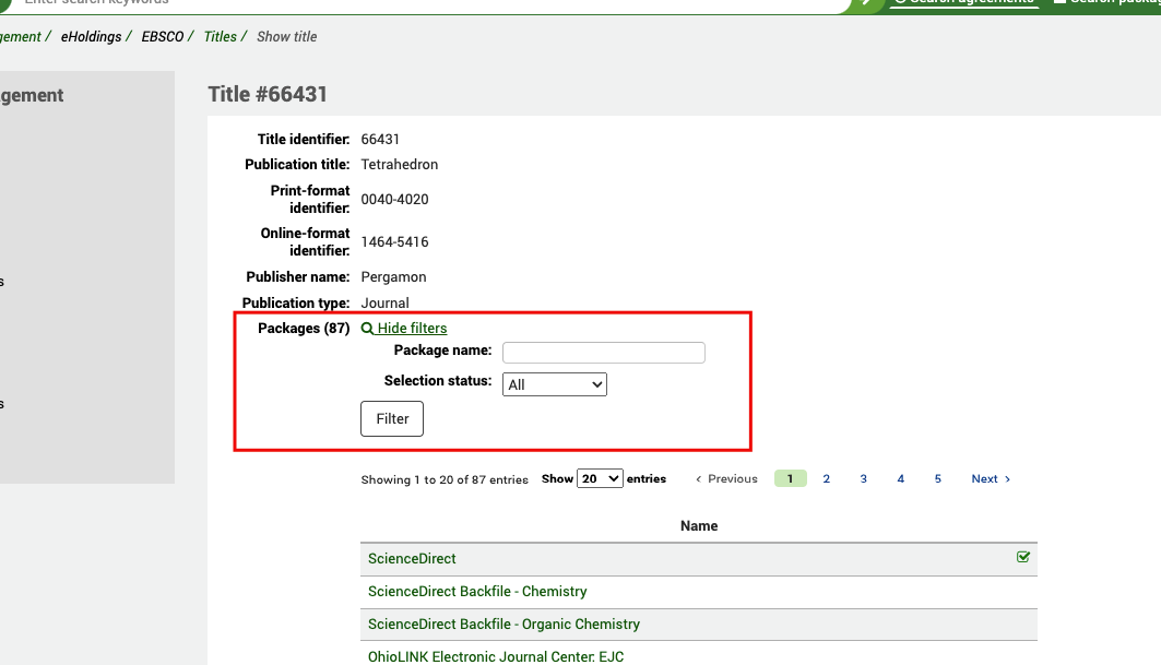 Full view of a title. Under Packages, there are additional filters for Package name and Selection status.