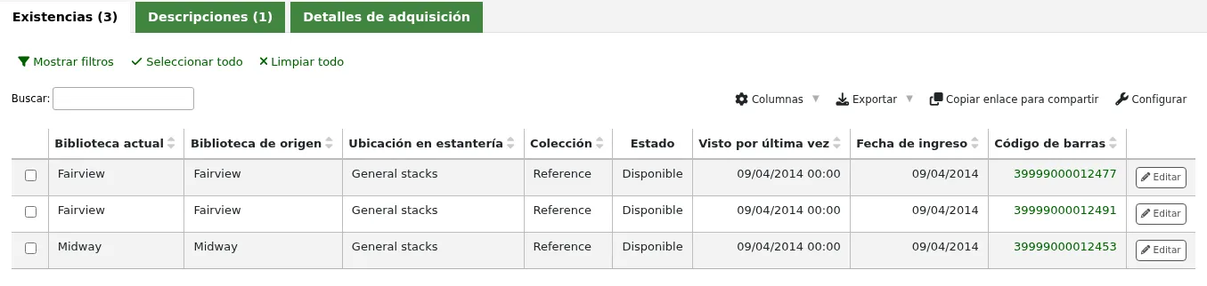 Holdings table in a detailed record