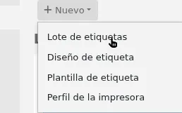 'New' menu in the label creator page is opened and the mouse cursor is on the 'Label batch' option