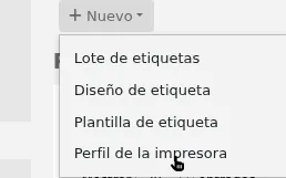 'New' menu in the label creator page is opened and the mouse cursor is on the 'Printer profile' option