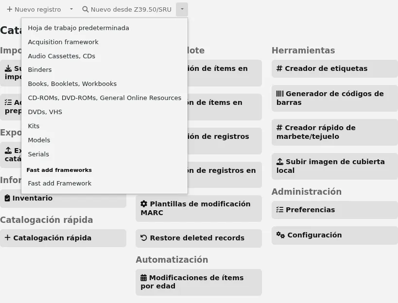 A choice of bibliographic frameworks opens when the arrow next to the 'New from Z39.50/SRU' button is clicked