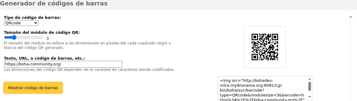 Barcode generator tool, on the right there is a qr code image and an HTML img tag