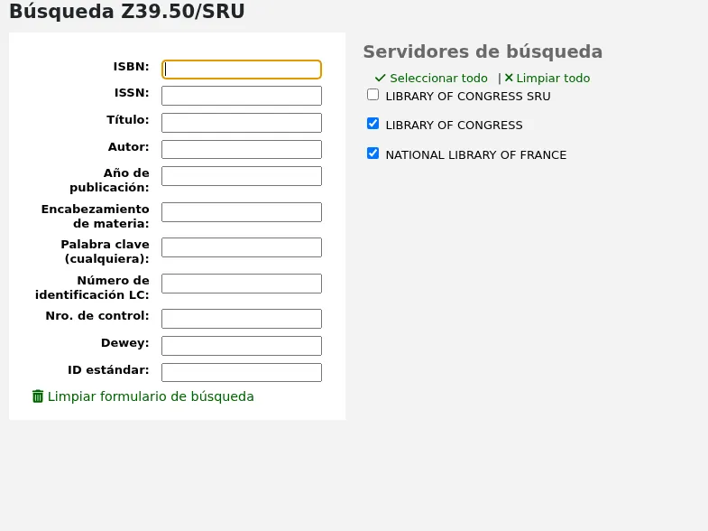 Z39.50 search form, search fields on the left, Z39.50 targets on the right