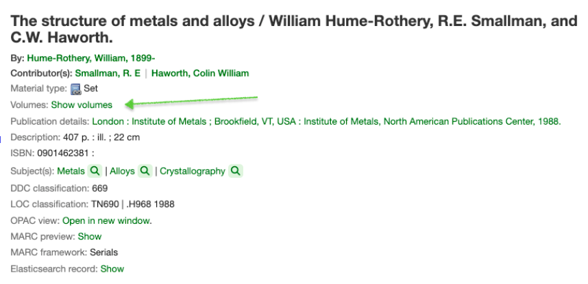 Record with 'Volumes: Show volumes' label and link in the bibliographic detail view