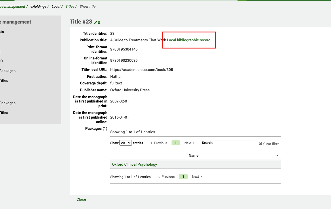 Full view of a title. The focus is on the link to 'Local bibliographic record'.