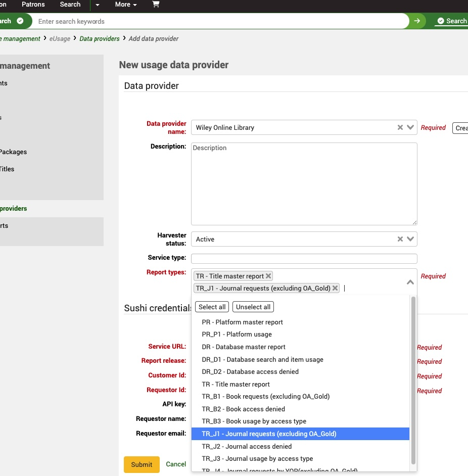 In the Add data provider screen, the Report types dropdown list is open. The options for 'TR - Title master report' and 'TR_J1 - Journal requests (excluding OA_Gold)' are already selected.