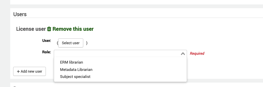 Form to add a user to the license. The "Role" dropdown is open, showing options ERM librarian, Metadata librarian, Subject specialist.