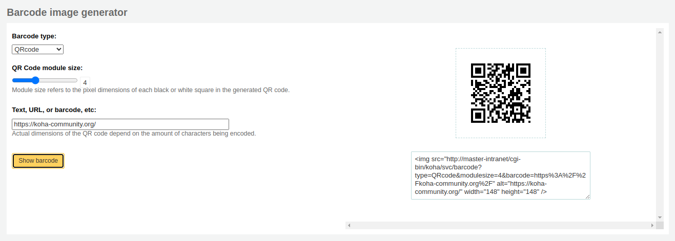 Barcode generator tool, on the right there is a qr code image and an HTML img tag