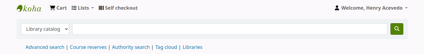 The top of the page in the OPAC, once the patron is logged in. Next to the Koha logo, there are the 'Cart' and 'Lists' options, followed by 'Self checkout'.