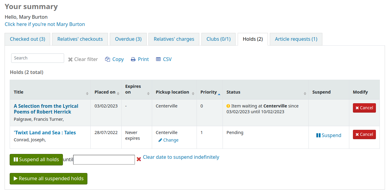 The Holds tab in a patron's summary page on the OPAC, OPACAllowUserToChangeBranch is enabled for pending holds, there is a Change link under the current pickup library's name