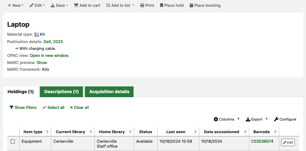 Bibliographic record view in the staff interface. The button displayed to the right of 'Place hold' is 'Place booking'.