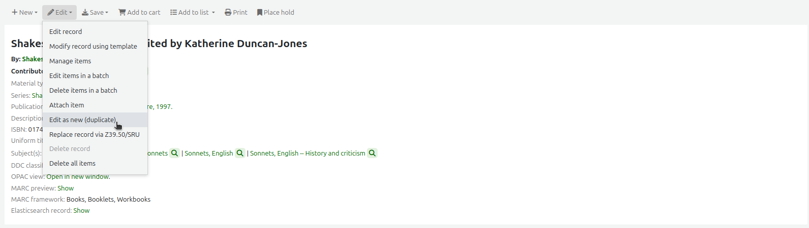 The Edit menu in a bibliographic record, the mouse cursor is on the 'Edit as new (duplicate)' option
