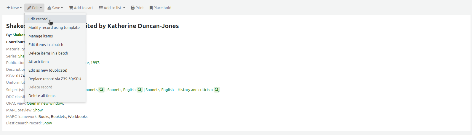 The Edit menu in a bibliographic record, the mouse cursor is on the 'Edit record' option