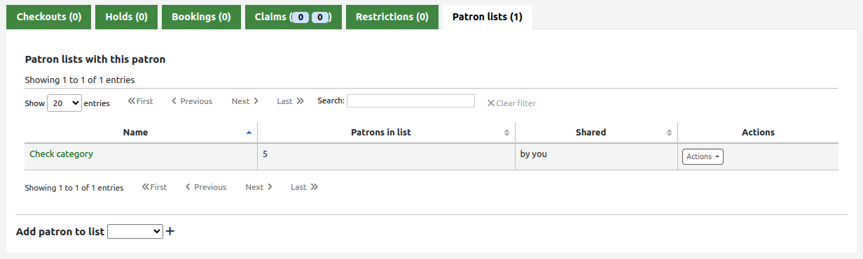 Patron lists tab in a patron record. Shows a table of Patron lists with this patron, with the list name, number of patrons in the list, if the list is shared and by whom, and an actions button. There is also an option at the bottom of the tab to add the patron to a list.