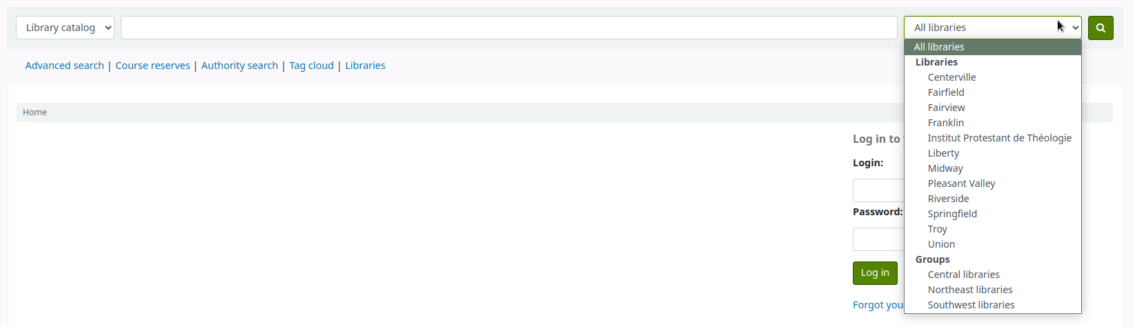 Library and library group dropdown menu in the simple search bar in the OPAC