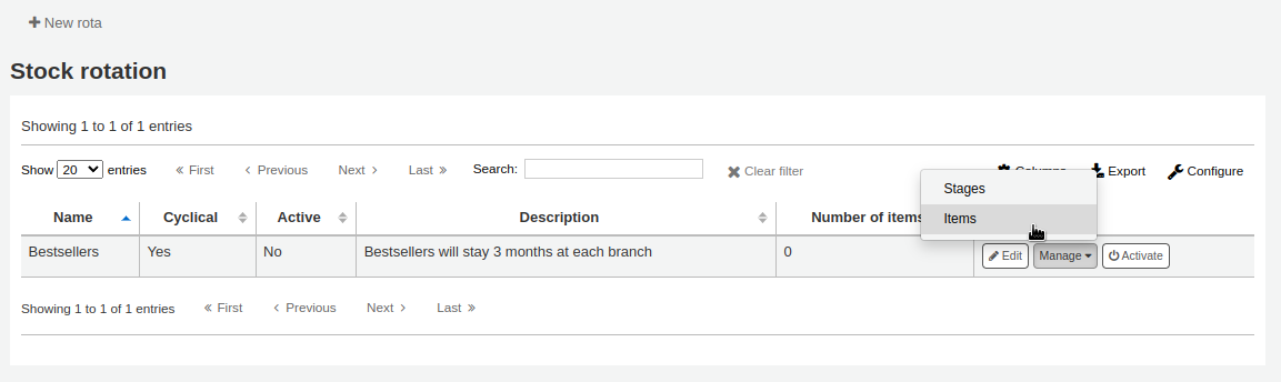 The stock rotation summary page, there is one rota in the table, the 'Manage' button on the right of the rota is clicked and the mouse cursor is on the 'Items' option