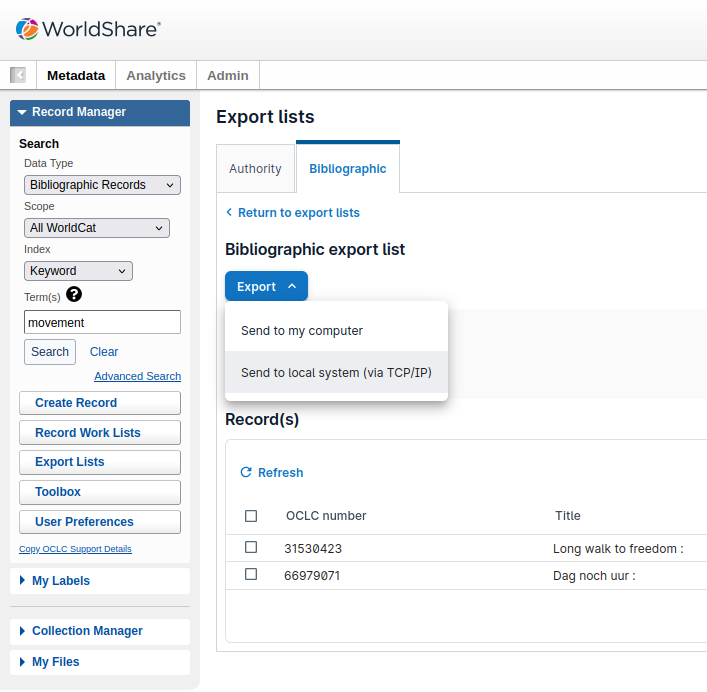 Screenshot of the 'Export lists' page in the WorldShare web interface.