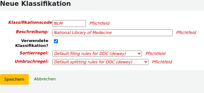 Formular zum Hinzufügen einer neuen Klassifikationsquelle