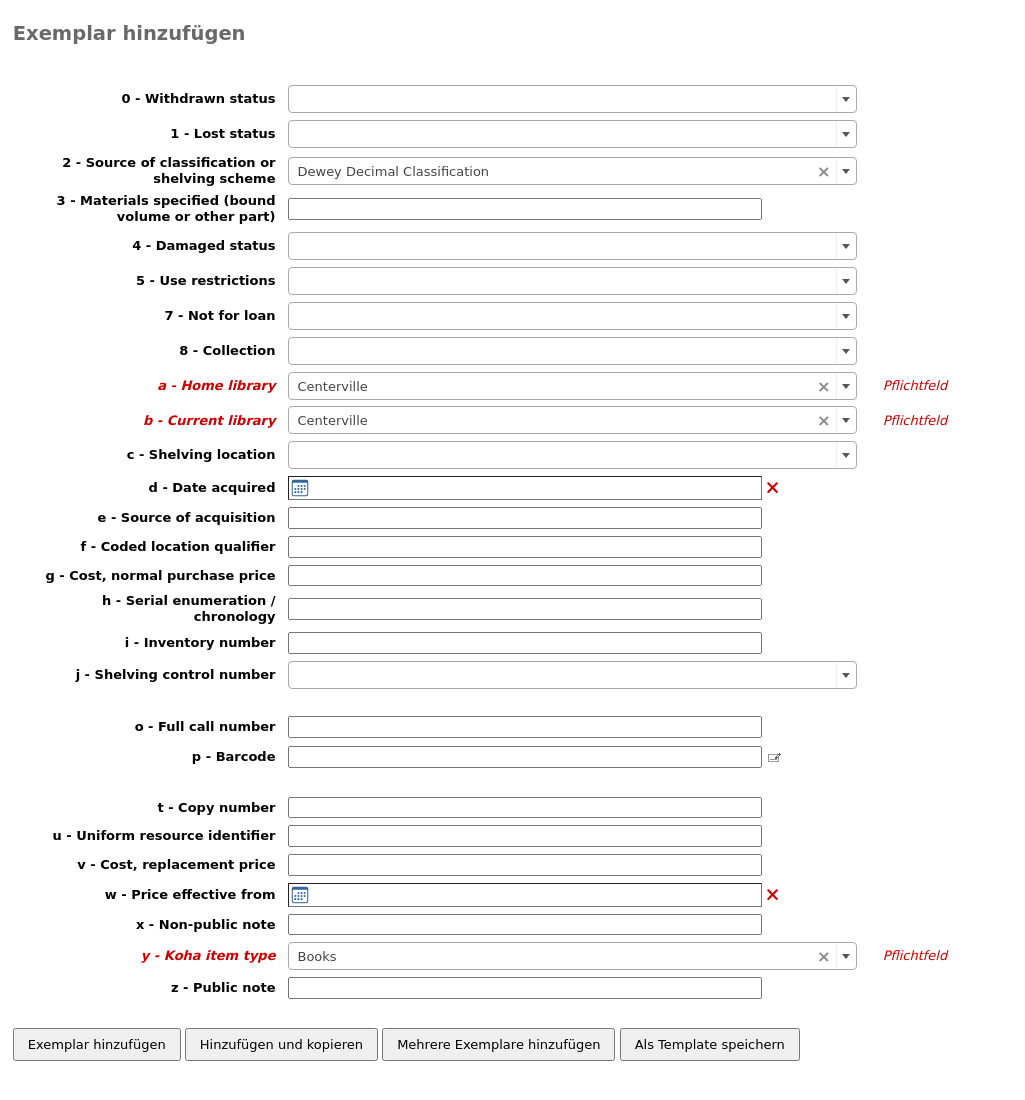 Formular zum Hinzufügen eines Exemplars