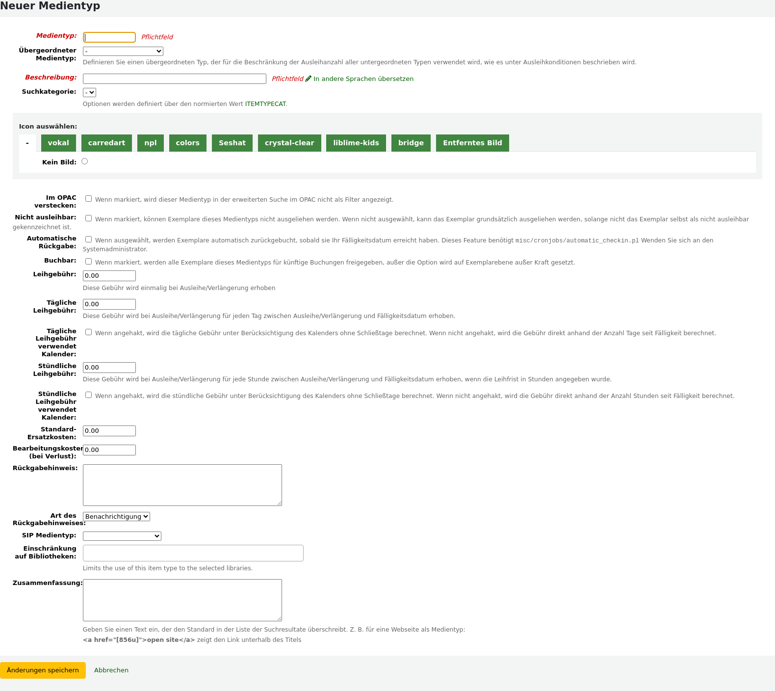 Formular für das Hinzufügen eines neuen Exemplartyps