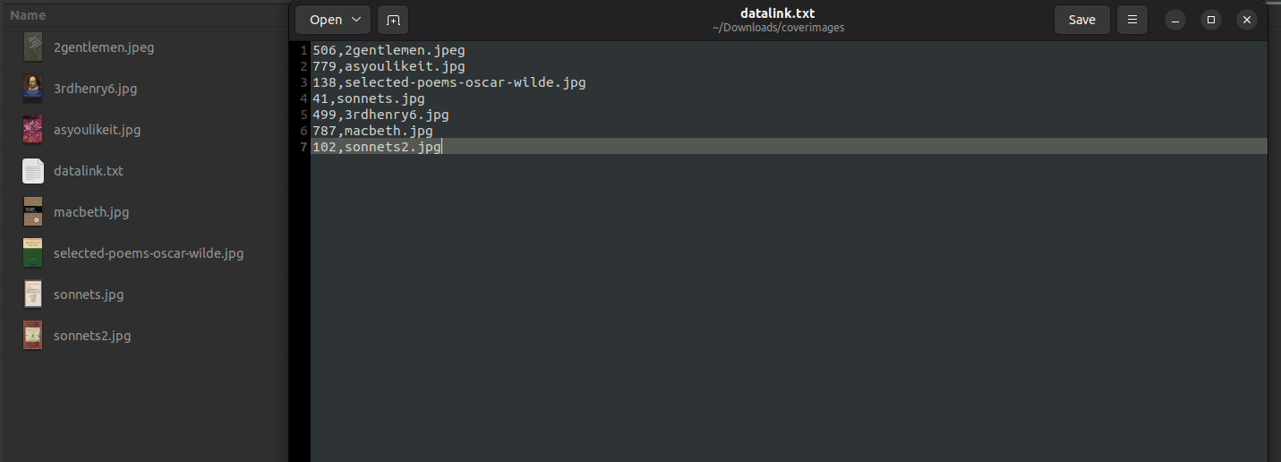 Dateibrowser mit Bilddateien und einer Textdatei namens datalink.txt mit folgendem Text geöffnet: 506,2gentlemen.jpeg 779,asyoulikeit.jpg 138,selected-poems-oscar-wilde.jpg 41,sonnets.jpg 499,3rdhenry6.jpg 787,macbeth.jpg 102,sonnets2.jpg